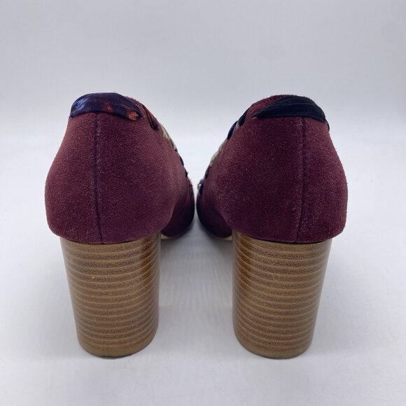 Anthropologie Pointed Toe Pumps 8M Whipstitch Braided Wood Block Heel Suede Wine - Picture 5 of 14
